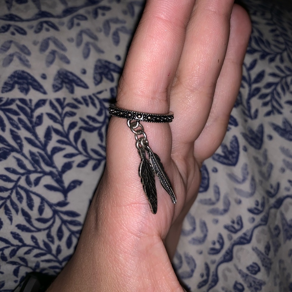 A sliver metallic ring with 2 feathers